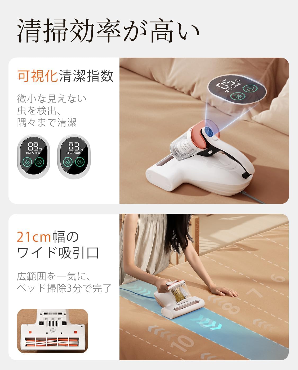 UWANT M100｜16kPa強力吸引・毎分36,000回たたき・UV除菌・HEPA｜ダニ/花粉/ハウスダスト対策｜布団/ベッド/ソファ/カーペット｜オレンジ＆ホワイト