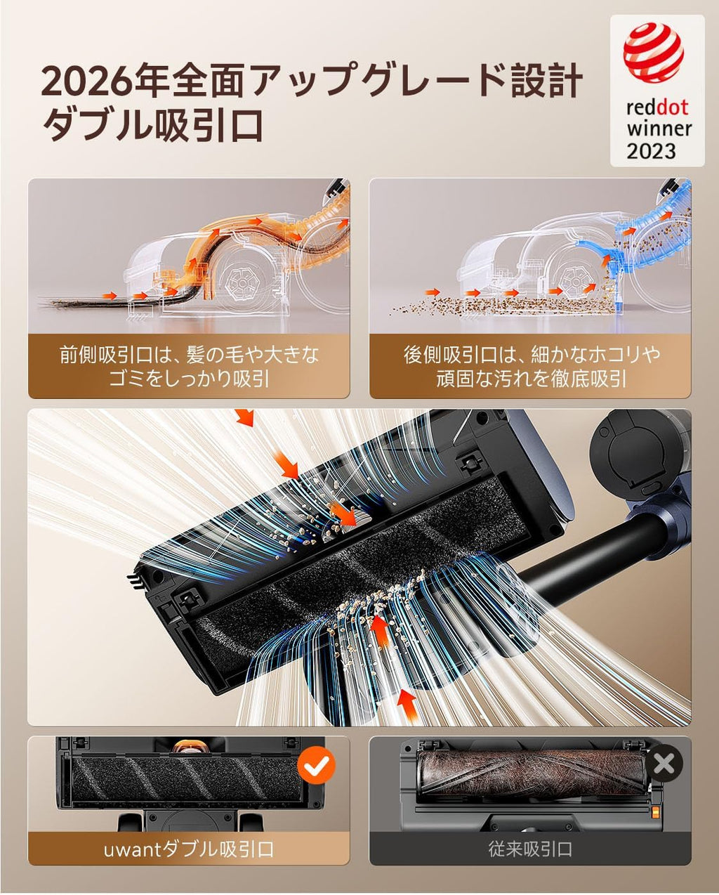 uwant V600 フラッグシップ スティッククリーナー（2026年最新モデル） 絡まらないダブル吸引 × 自動ゴミ収集ドック搭載 3in1（充電・収納・集塵）／最大55,000Pa超強力吸引／最長60分稼働