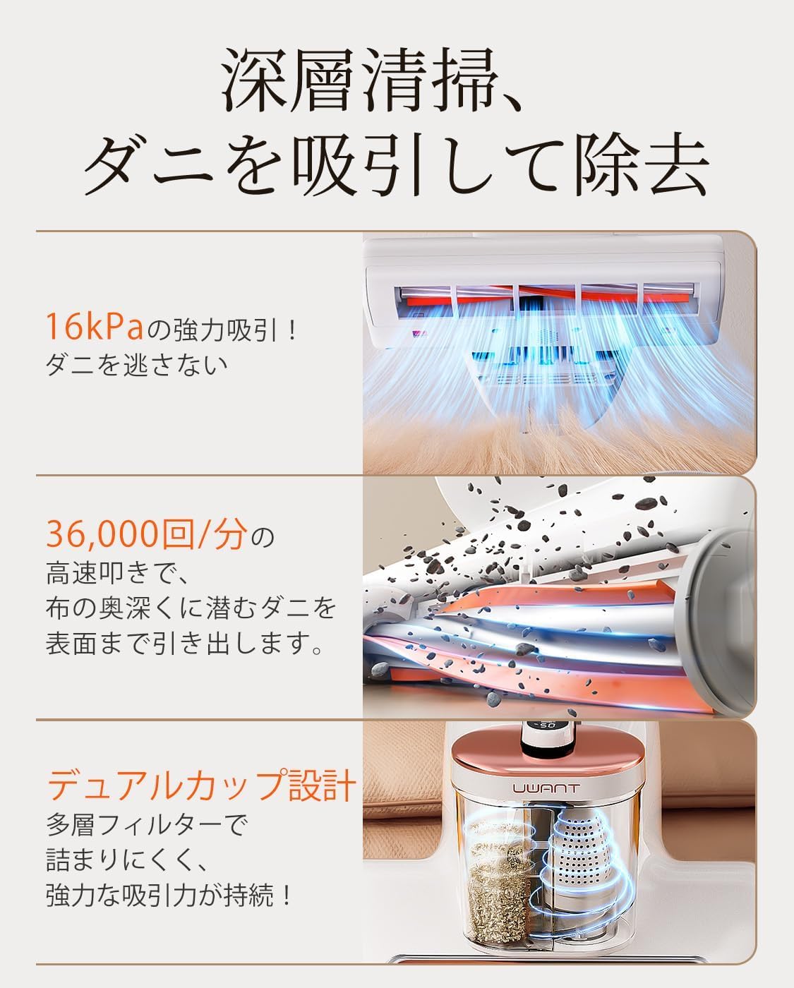 UWANT M100｜16kPa強力吸引・毎分36,000回たたき・UV除菌・HEPA｜ダニ/花粉/ハウスダスト対策｜布団/ベッド/ソファ/カーペット｜オレンジ＆ホワイト