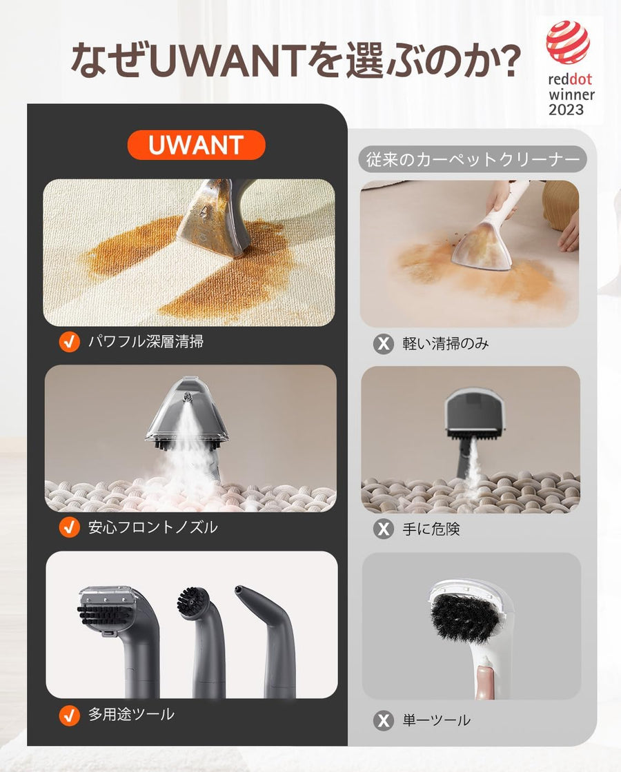 スチーム＋吸引＋洗浄を1台で。ソファも車内も、これ1台でプロの仕上がり。Uwant B400 高温スチームクリーナー｜日本正規品（ダークグレー）