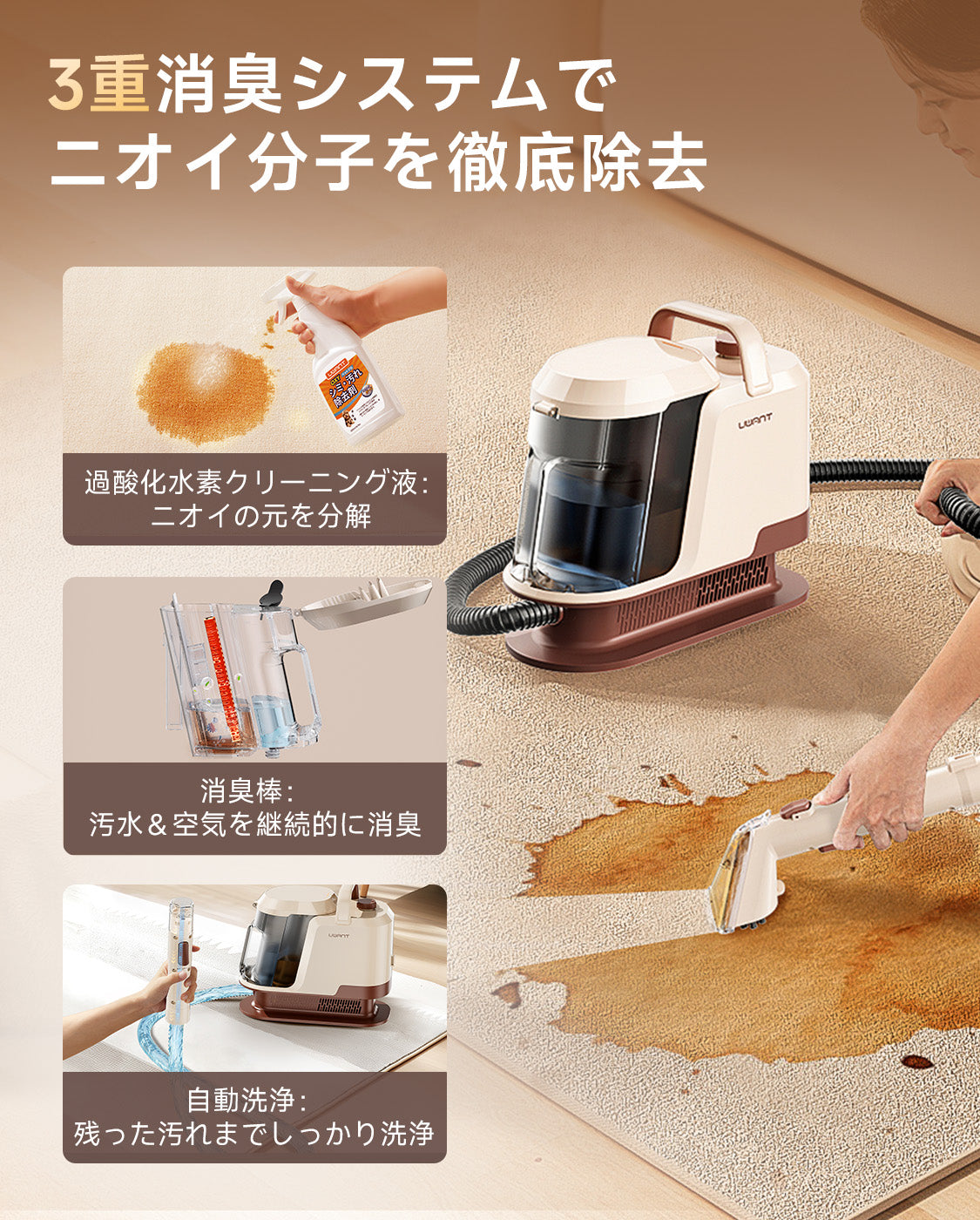 UWANT Y100Pro リンサークリーナー｜22000Pa超強吸引 800Wスチーム洗浄機 カーペット・ソファ・車内対応