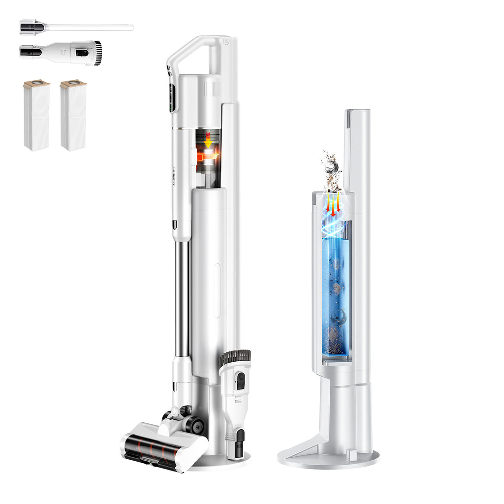 Uwant V500 コードレス掃除機 本体と自動集じんベース 付属ノズルと集じん袋のセット内容 3in1充電収納設計
