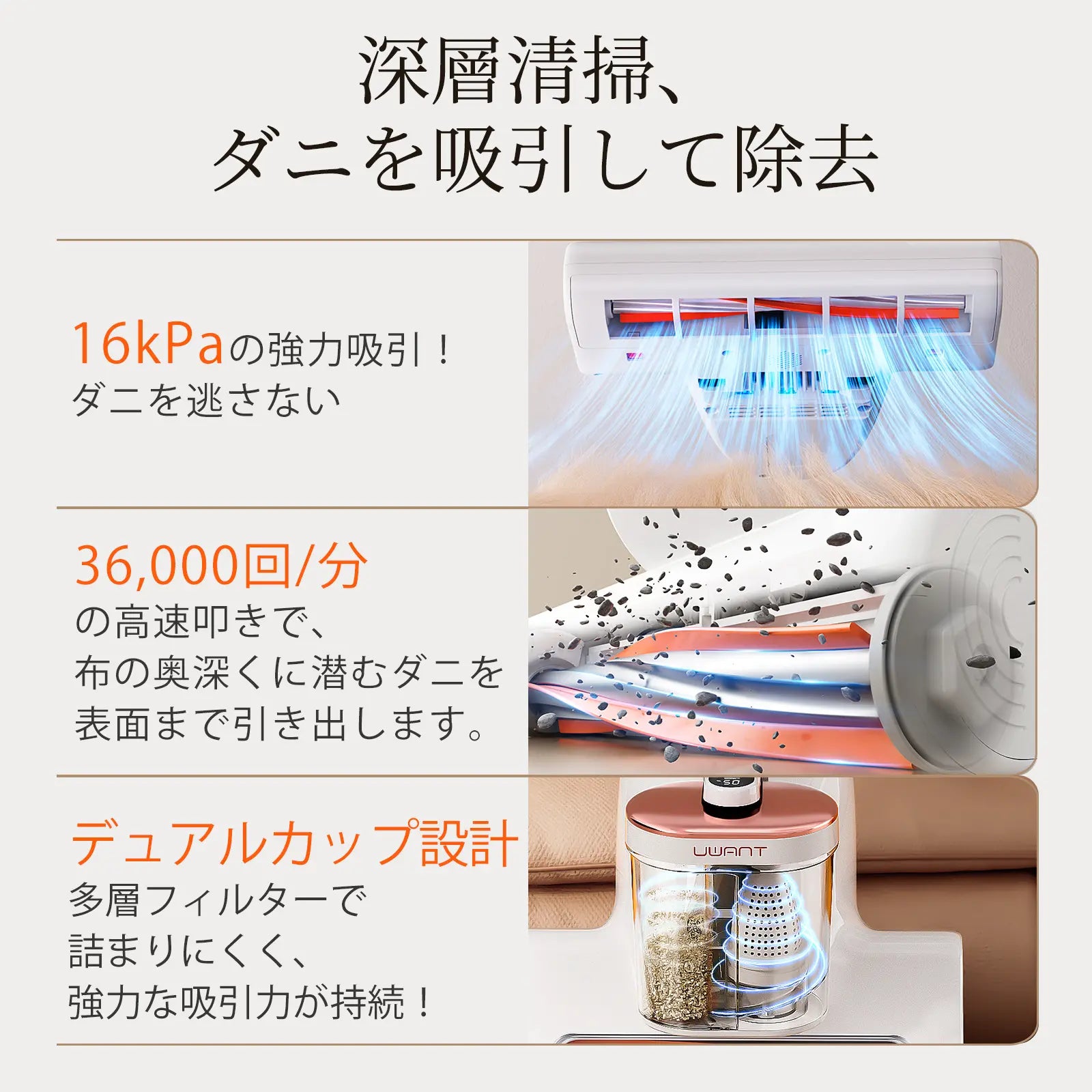 UWANT M100 UV布団クリーナー|16KPa超強吸引 65℃温風除湿 超音波除 UWANT M100 UV布団クリーナー|16KPa超強吸引 65℃温風除湿 超音波除